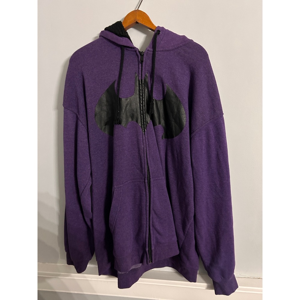 Batman DC Comics Mens Purple Sherpa Lined Zip Up Hoodie Faux Leather Logo 2XL
